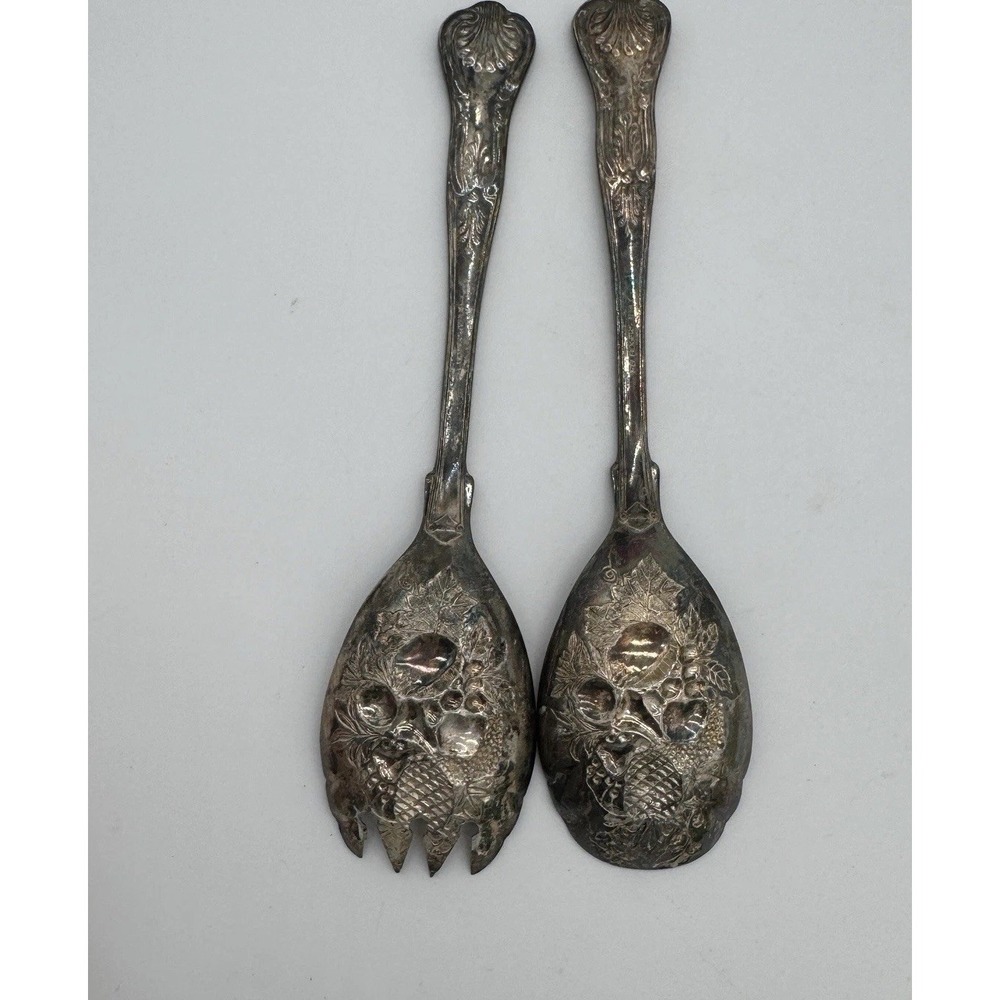 Antique FB Rogers Silver Plated Salad Serving Set Italy Fruit Pattern EPNS 9in - Picture 8 of 10
